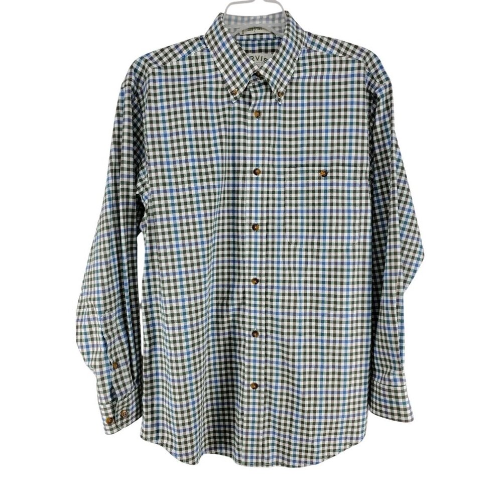 Orvis Button Down Shirt Men's Size Large Green Blue Brown Check Long Sleeve
